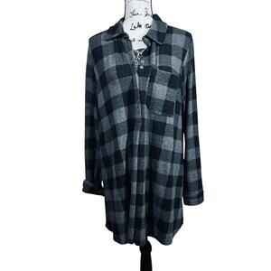 Soft surroundings black and grey Mad About Plaid tunic top collar long sleeve M